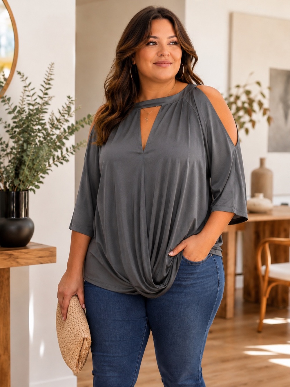 Market & Spruce Cold Shoulder Twist Front Blouse Gray 3/4 Sleeve Women’s